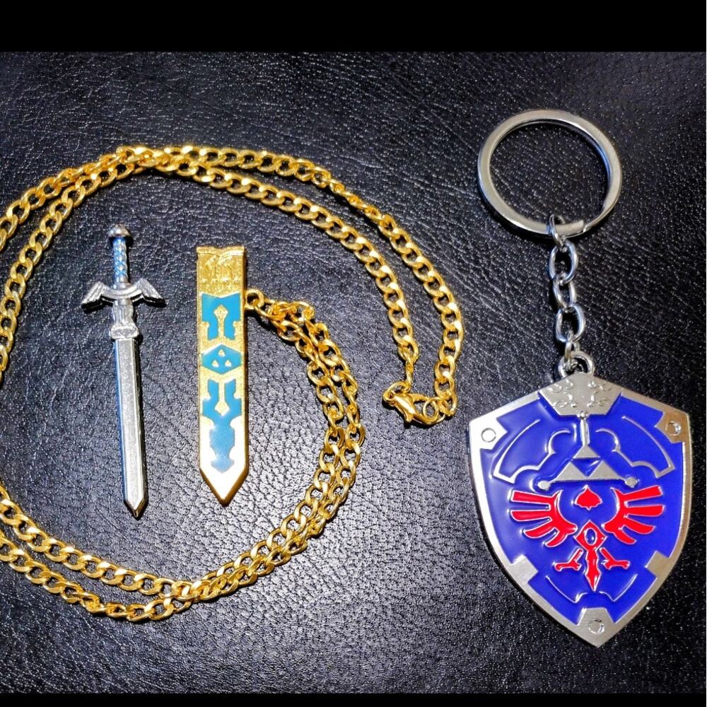 Zelda Master Sword & Shield Necklace & Keychain Combo Gift Set NEW!